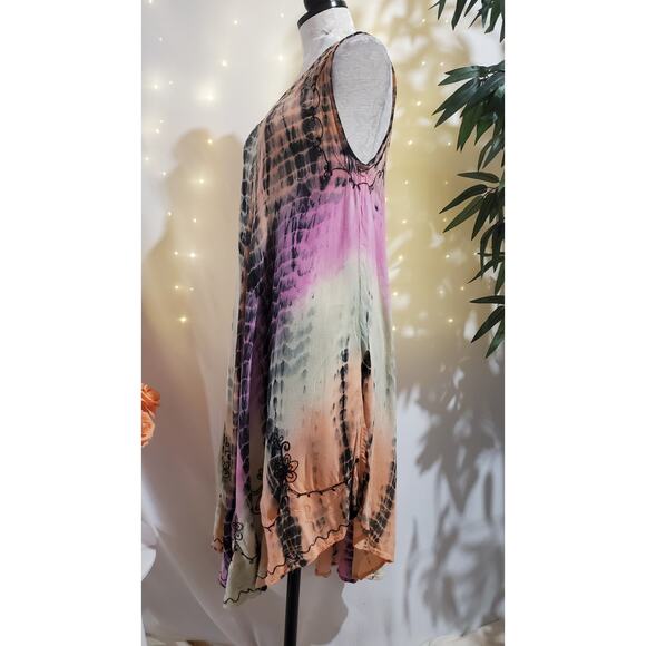 Henna VTG Embroidered Tie Dye Twirl Midi Dress Womens One Size Hippie Festival - Picture 2 of 13